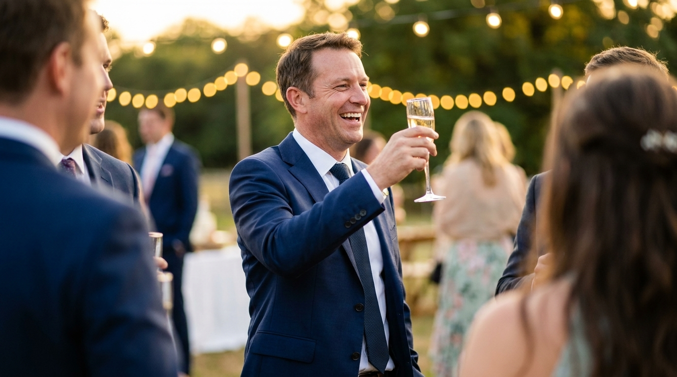 Mike in a navy suit raising a champagne toast at an outdoor wedding