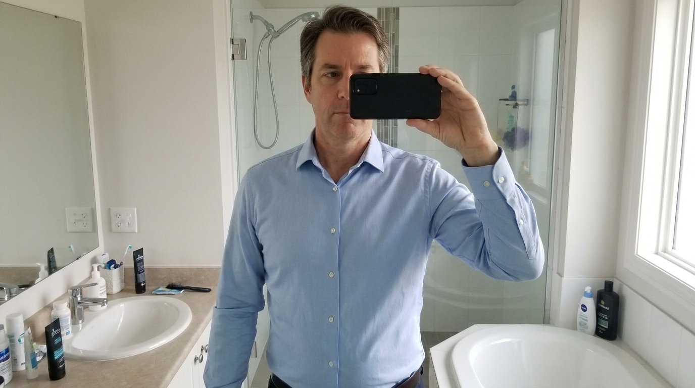 Man taking a bathroom mirror selfie in a light blue dress shirt that falls straight