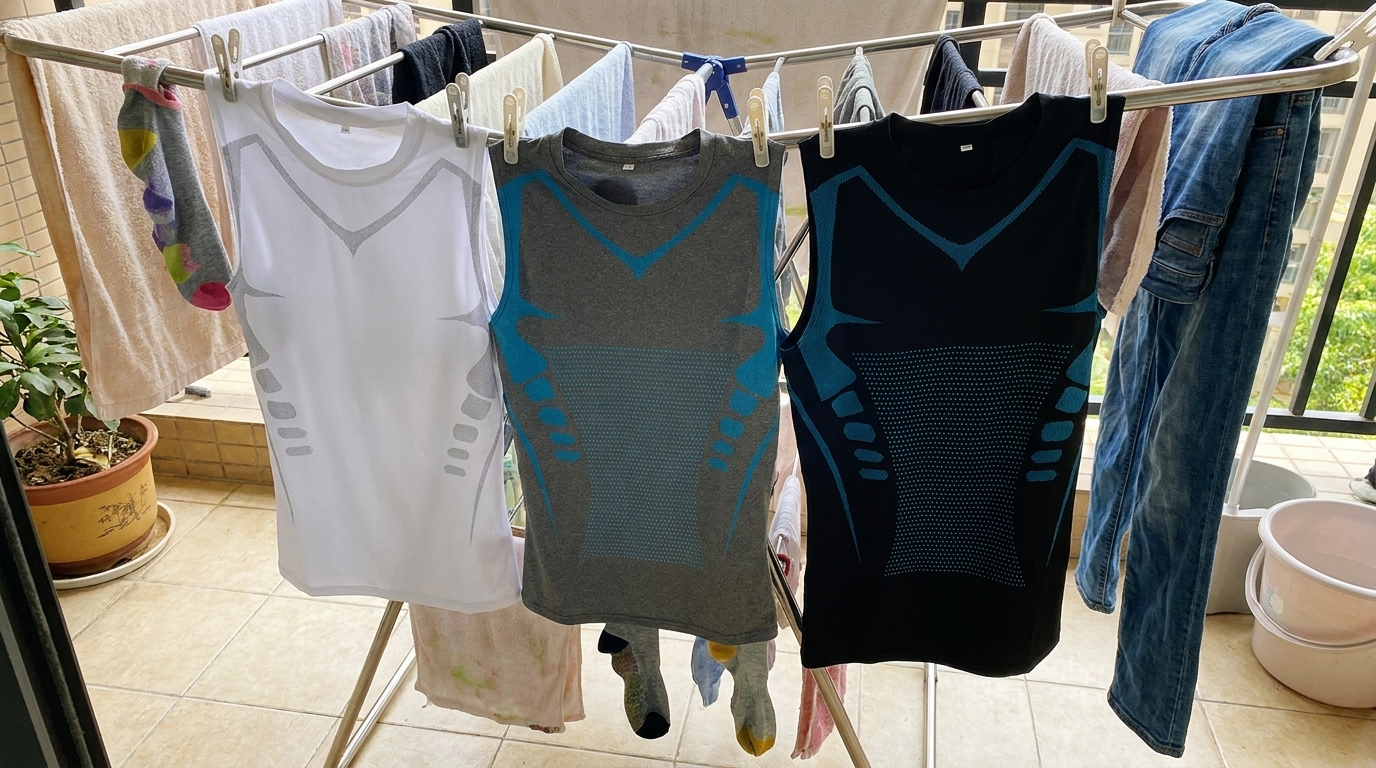 Three NORDVEIL tanks in white, gray and black hanging on a drying rack on a balcony