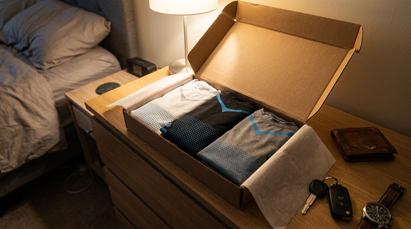 Open cardboard box on a bedroom dresser containing three folded NORDVEIL tanks