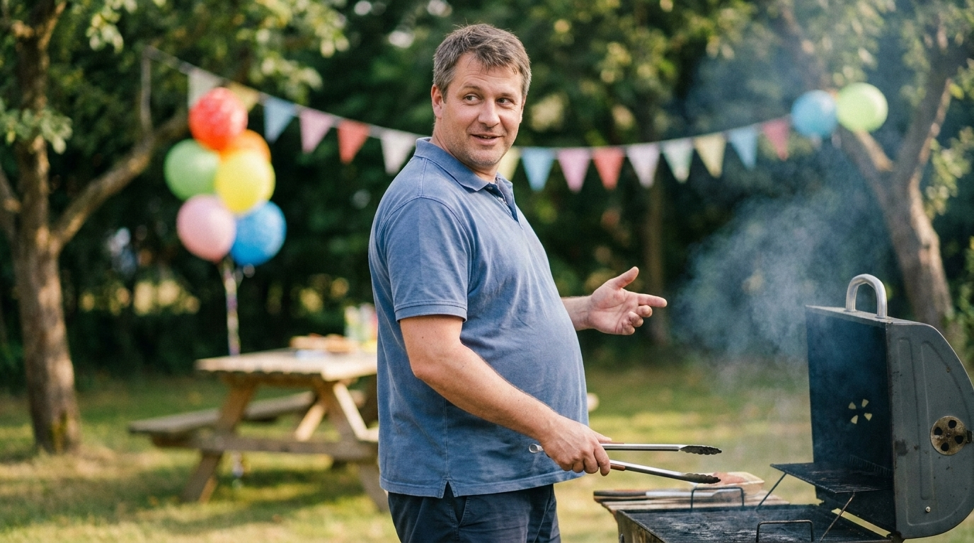 Man in a blue polo shirt standing sideways at a backyard barbecue, holding tongs