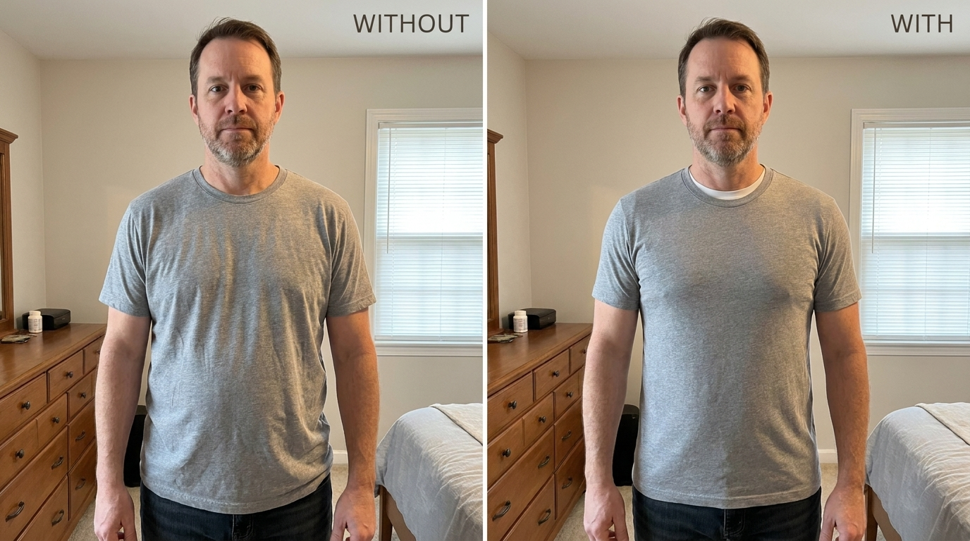 Side-by-side comparison of the same man in a gray t-shirt, without and with the tank underneath